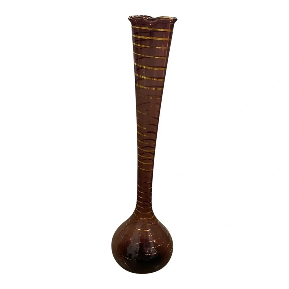 Elegant Handblown and Hand Decorated Purple and Gold Glass Vase- tall stem vase